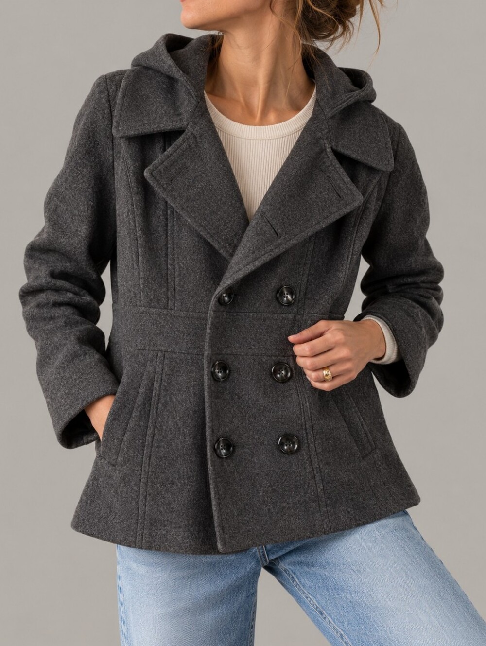 Style & Co. Gray Hooded Double Breasted Peacoat Jacket Womens Size Petite Medium
